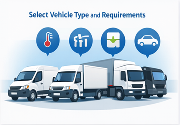 Différents types de véhicules pour le transport, notamment des fourgonnettes, des camions et des porte-voitures.
